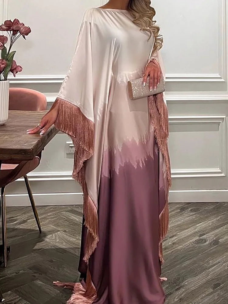 Ramadan Eid Batwing Sleeve Abaya Dubai Luxury 2024 Muslim Maxi Dress Loose Patchwork O Neck Abayas For Women Robe Tassel Vestido