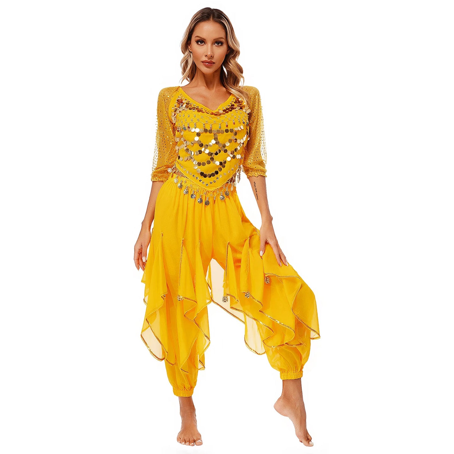 Womens Indian Belly Dance Performance Costume Sequined Long Sleeve Chiffon Tops Self-tie Back Irregular Hem Crop Top with Pants