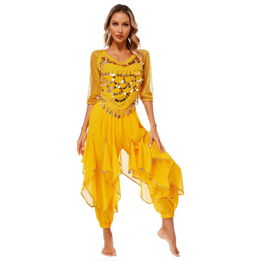 Womens Indian Belly Dance Performance Costume Sequined Long Sleeve Chiffon Tops Self-tie Back Irregular Hem Crop Top with Pants
