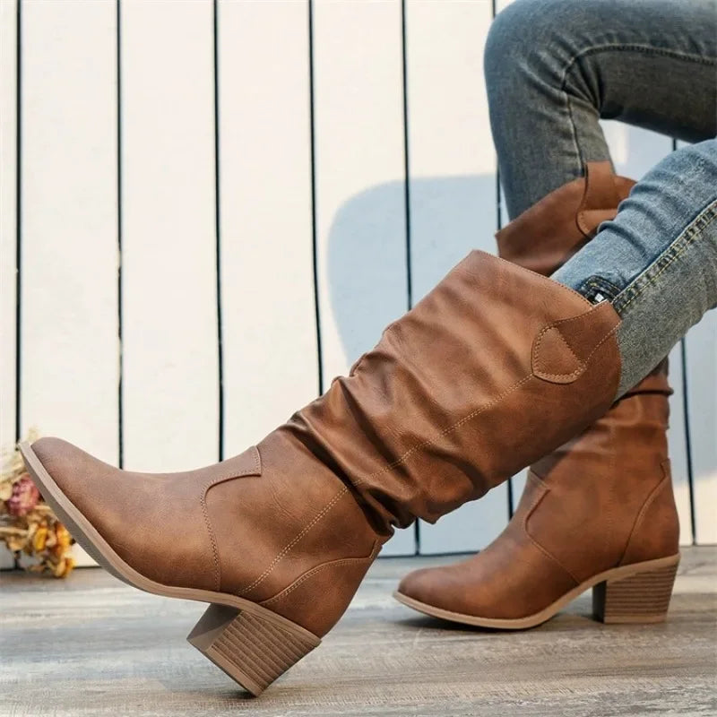 Shoes for Women New Slip-on Fashion Women Boots Sewing Daily Round Toe Square Heel Mid Boots Women Comfortable Pleated Boots