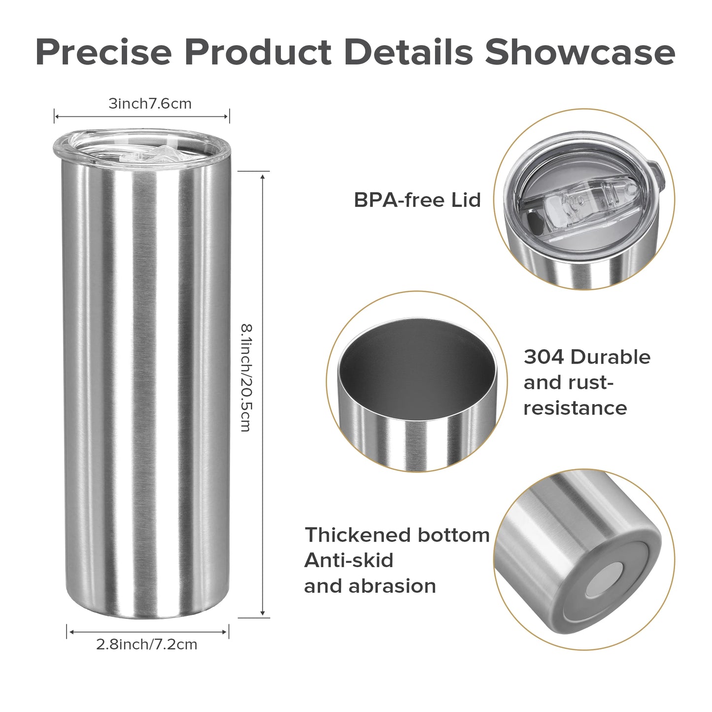 25 Pack 20OZ Silvery Stainless Steel tumbler with Lid & Straw - Slim Straight Vacuum Insulated Cup