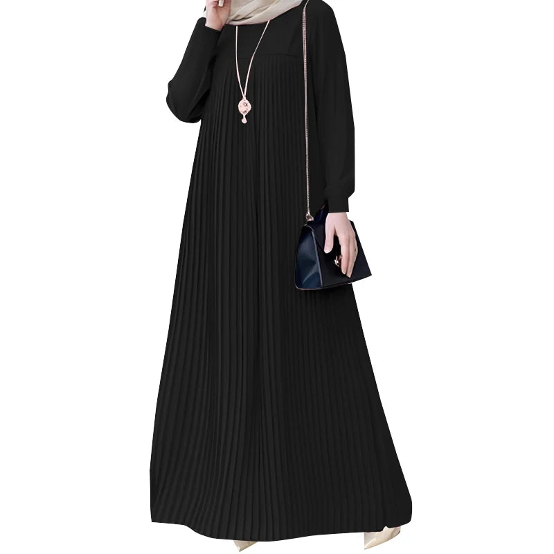 2025 ZANZEA Muslim Abaya Hijab Dress Women Elegant Long Sleeve Pleated Sundress Fashion Casual IsIamic Clothing Dubai Maxi Robe