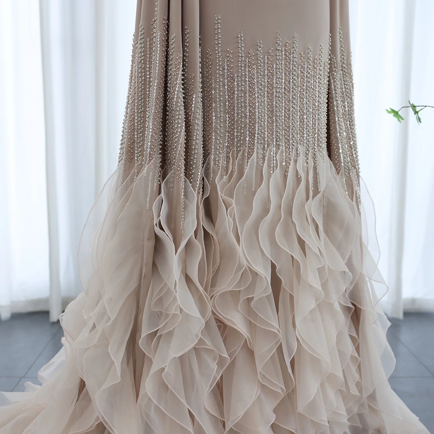 Sharon Said Luxury Dubai Nude Evening Dresses with Cape Sleeves Tiered Ruffles Arabic Women Wedding Party Gowns SS440 Customized