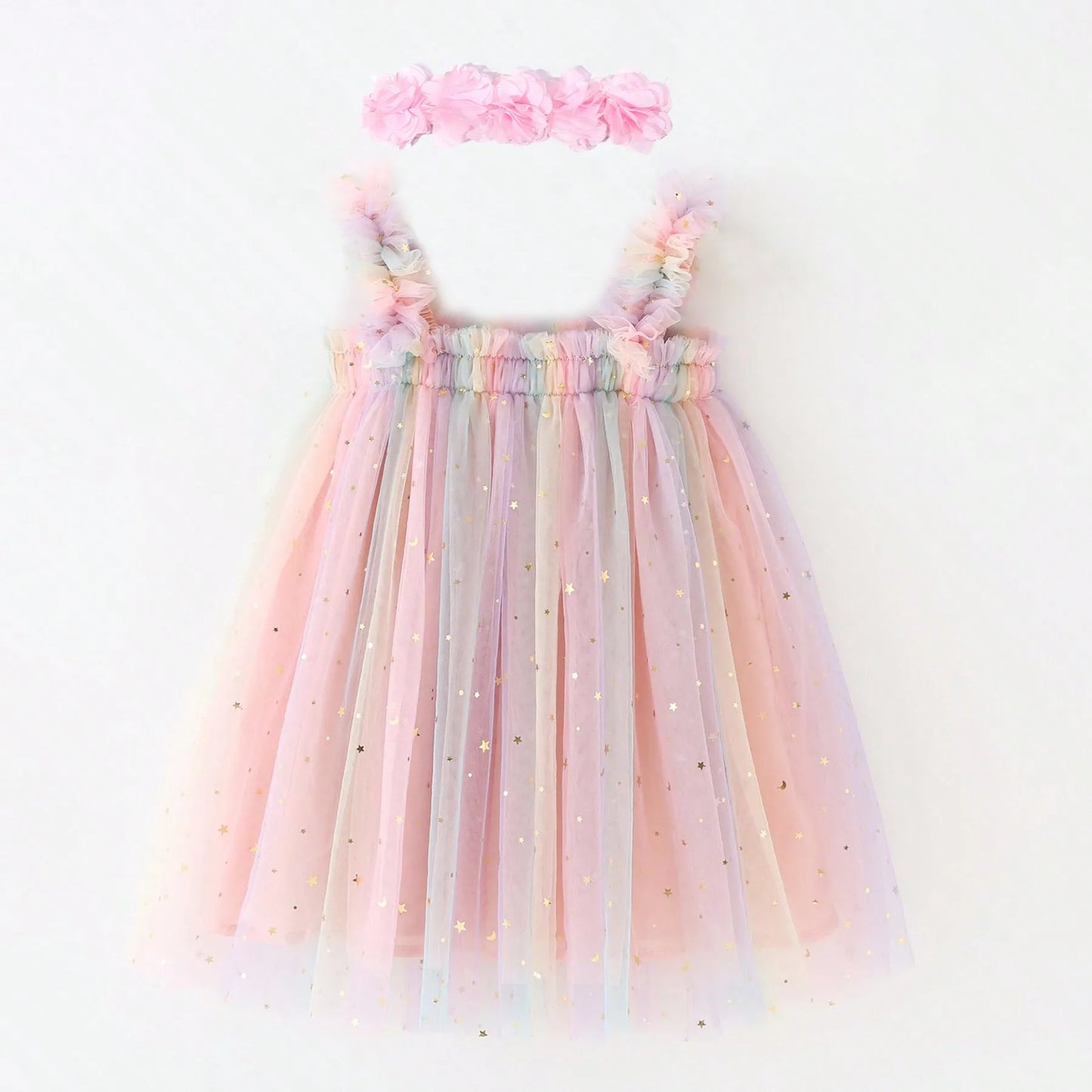 Toddler Baby Girls Tutu Dress Sleeveless Embroidery Floral Print Tulle Dress Little Girl Princess Dresses with Flower Headband
