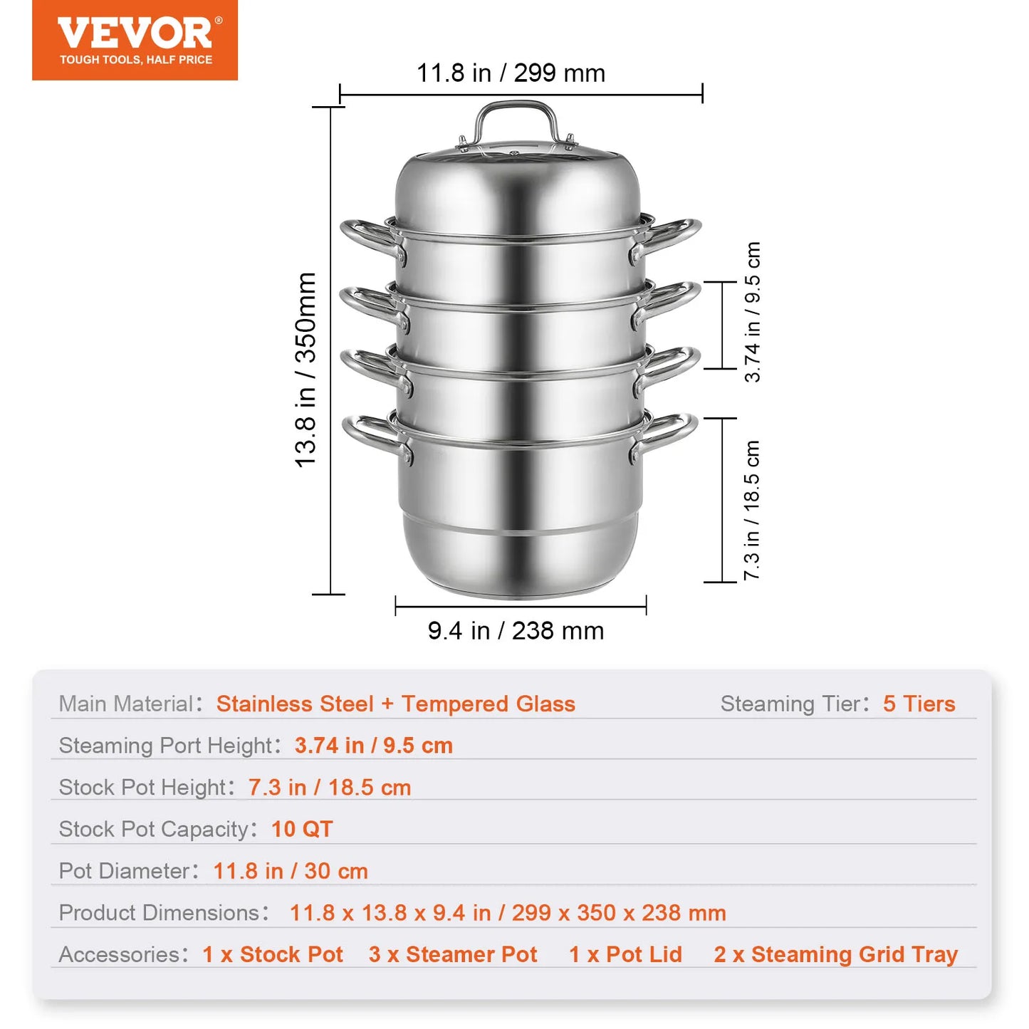 SucceBuy 5 Layer Food Steamer 28-30cm Stainless Steel Stock Pot for Home Steaming Dumplings Vegetables Rice Cooking Steamed Dish