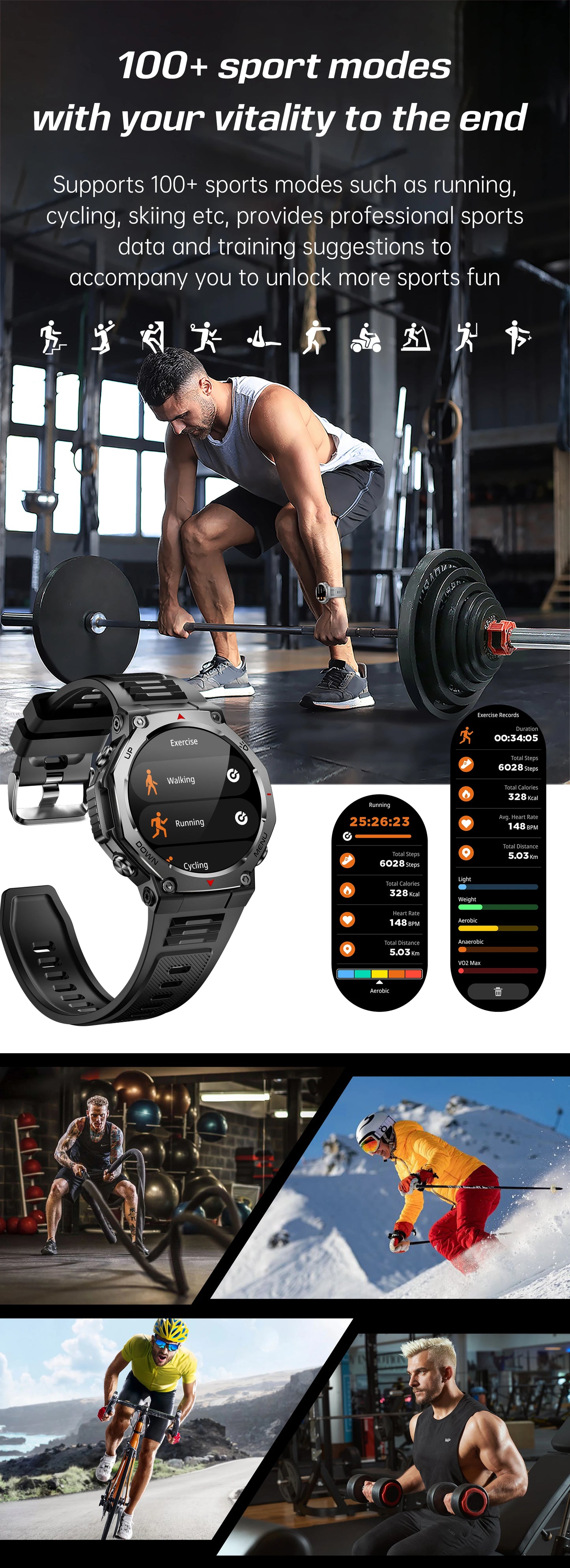 2025 New Military Smart Watch Flashlight/UV Light 5ATM Waterproof Sport Fitness Smartwatch Men Bluetooth Call for Xiaomi IOS