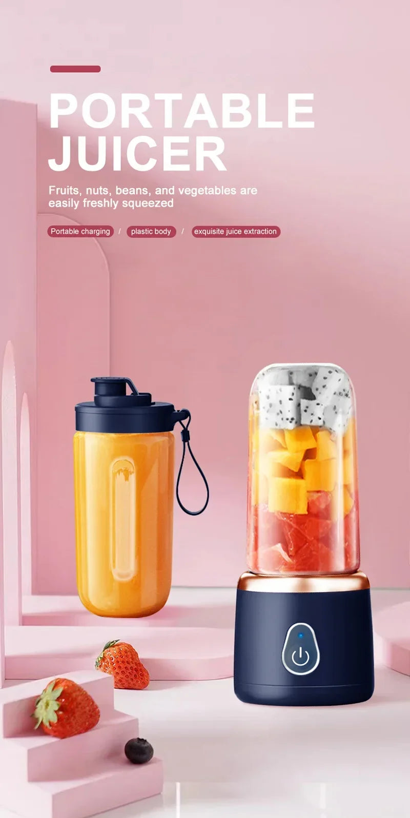 Portable Juicer for Shakes Smoothies Rechargeable USB 400ML Traveling Fruit Juicer Double Cup Fruit Blender Juicer Cup