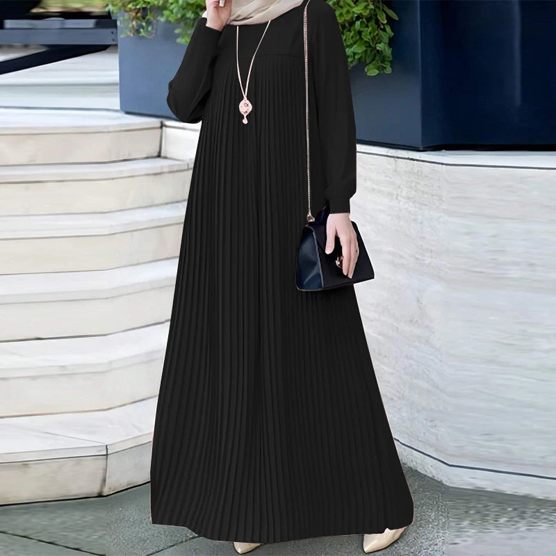2025 ZANZEA Muslim Abaya Hijab Dress Women Elegant Long Sleeve Pleated Sundress Fashion Casual IsIamic Clothing Dubai Maxi Robe