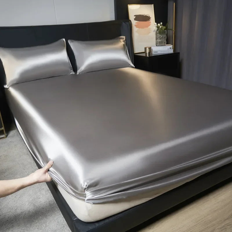 Solid Color Satin Surface Fitted Sheet 1PC Queen Size Bed Sheets 100/120/150/180/200cm Sheet with Elastic Band (No Pillowcase)