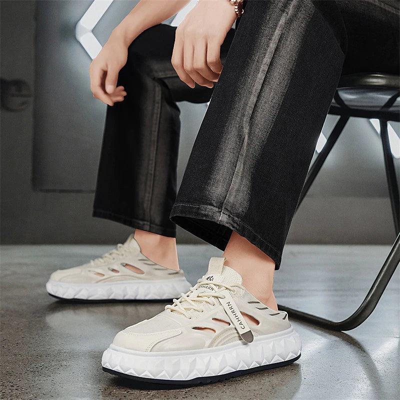 Men's toe-covered half-slip shoes: comfortable, breathable, color-block, stylish, flat-heeled, versatile casual shoes - Belvar