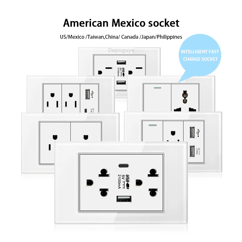 US Wall Switch Power Socket with USB Type-c Quick Charger,American Mexico White Tempered Glass Plug Outlet,Light Switch Panel
