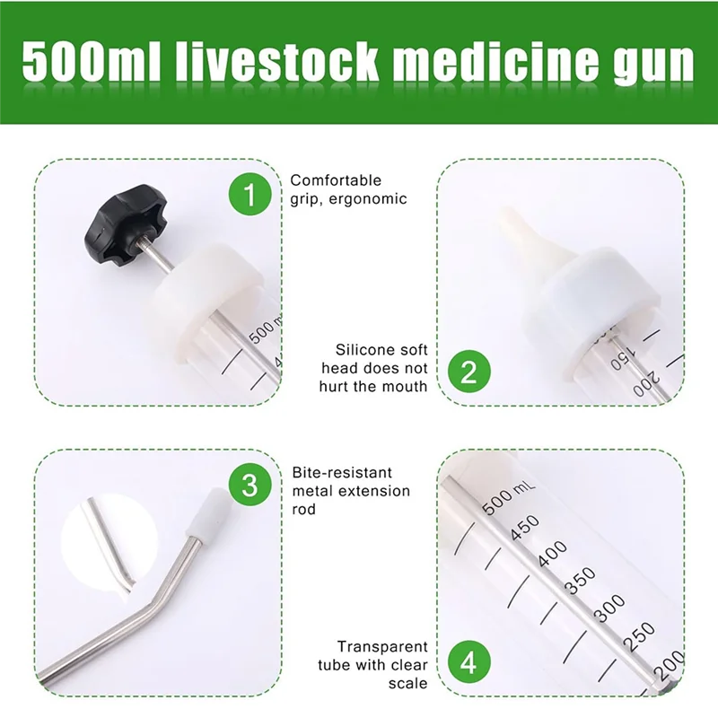 Veterinary Metal Feeding Gun 500ML Large, Adjustable Livestock Drench-Gun Reusable Animal Medicine Dispenser-AT64