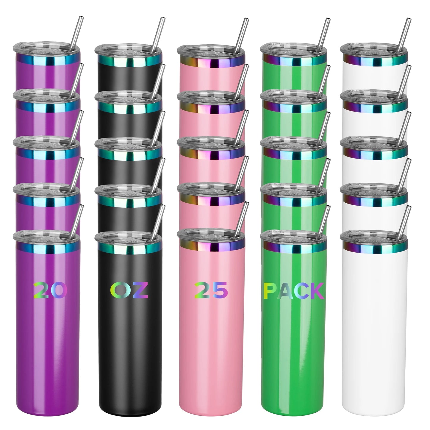 25 Pack20OZ powder coated Tumbler, Vacuum water bottles in Gold-Plated, Silver, and Rainbow styles, Laser engraved drinkwarecups