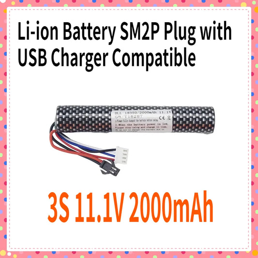 3S 11.1V 2000mAh Li-ion Battery SM2P Plug with USB Charger Compatible with Airsoft Gel Water Bead Blaster Rechargeable Batteries