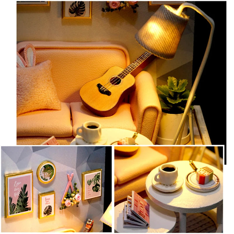 Wooden Miniature Doll House DIY Handmade Assembly Model Building Kit With Dust Cover 3D Puzzle Toys Birthday Gifts Dollhouse