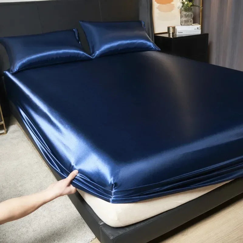 Solid Color Satin Surface Fitted Sheet 1PC Queen Size Bed Sheets 100/120/150/180/200cm Sheet with Elastic Band (No Pillowcase)
