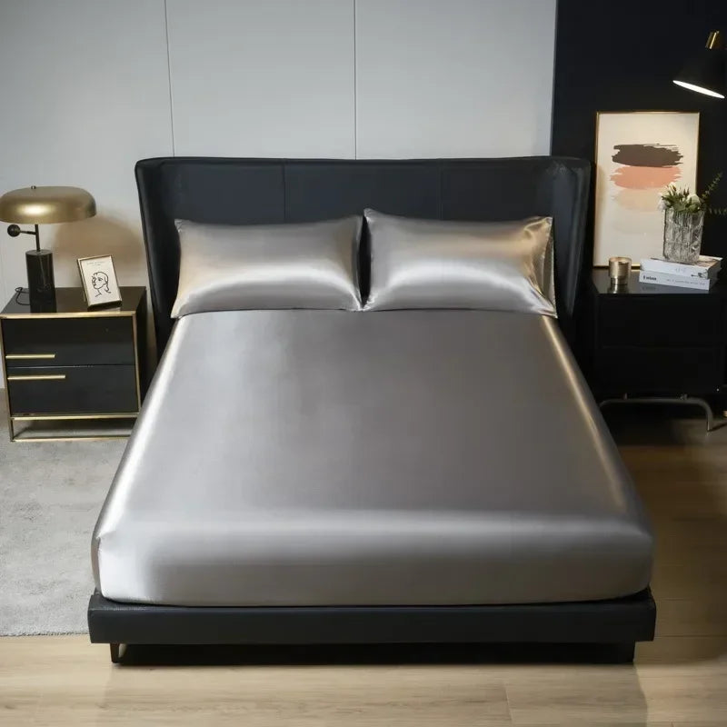 Solid Color Satin Surface Fitted Sheet 1PC Queen Size Bed Sheets 100/120/150/180/200cm Sheet with Elastic Band (No Pillowcase)