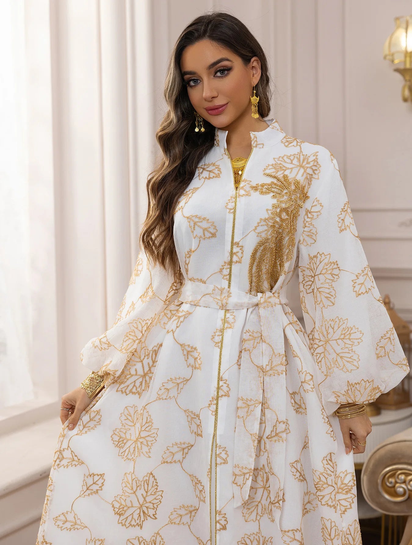 2025 Dubai Luxury Muslim Abaya Gold Floral Embroidered Long Dress Elegant Modest Islam Outerwear for in the MIddle East Women
