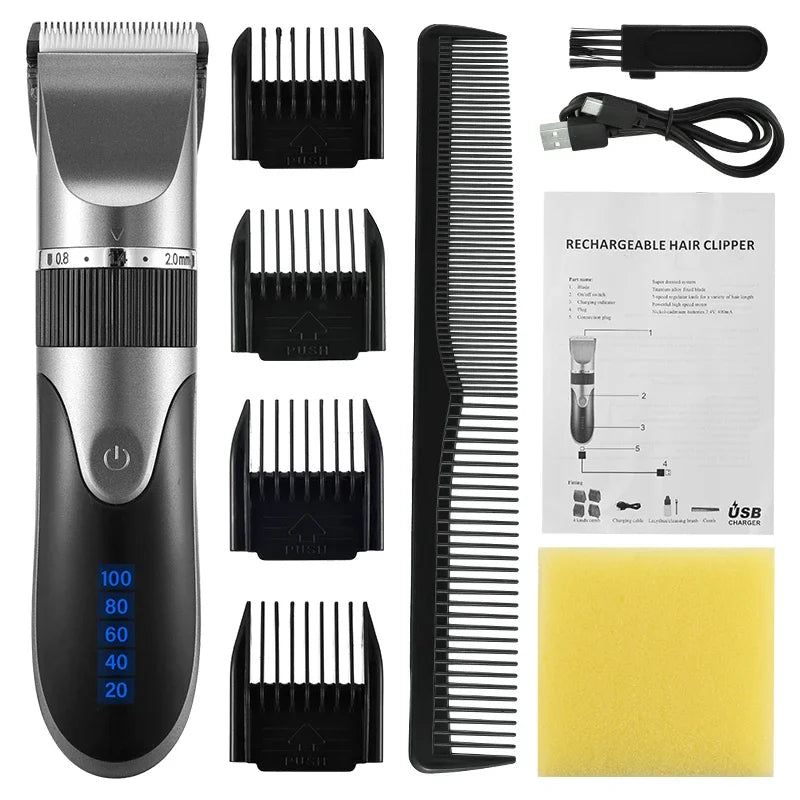 Professional Hair Clipper Men's Barber Beard Trimmer Rechargeable Hair Cutting Machine Ceramic Blade Low Noise Adult Kid Haircut