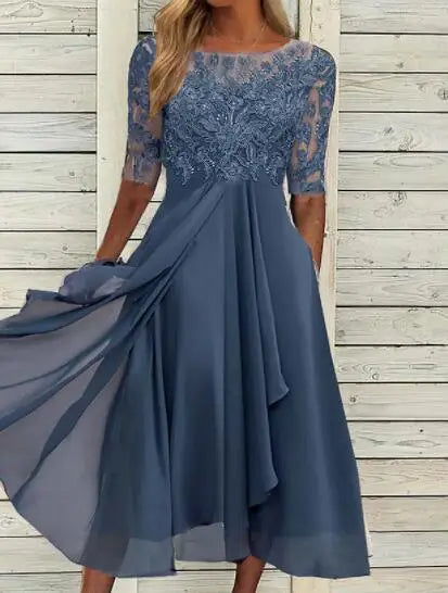 Womens Dresses Romantic Simple Dress With Chiffon Patchwork Lace Hollow Out Long Dress Bridesmaid Evening Dress Women's Wear