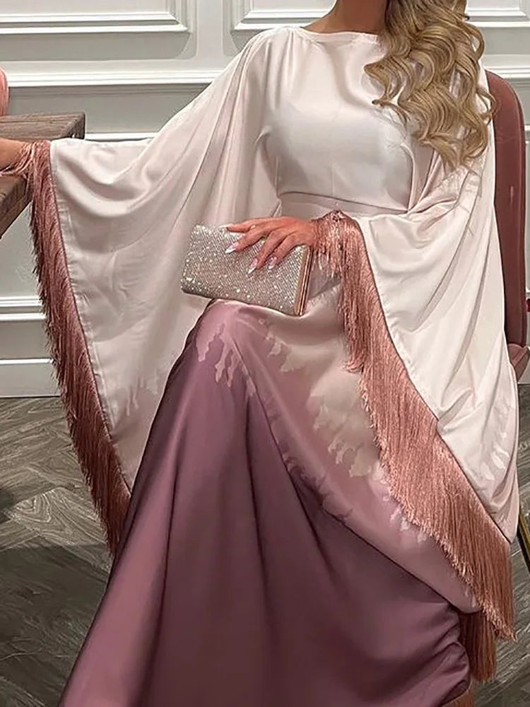 Ramadan Eid Batwing Sleeve Abaya Dubai Luxury 2024 Muslim Maxi Dress Loose Patchwork O Neck Abayas For Women Robe Tassel Vestido