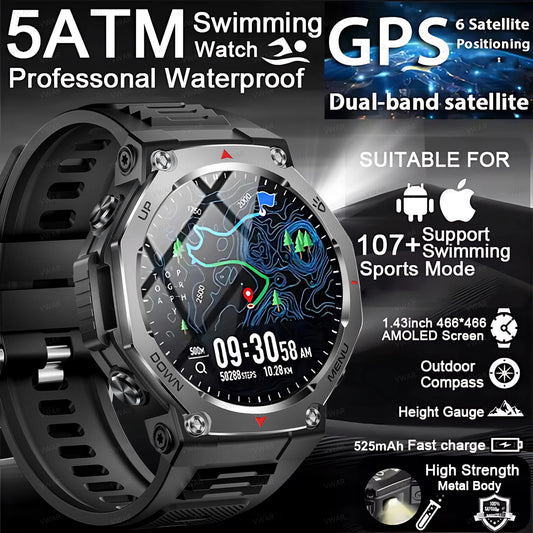 2025 New Military Smart Watch Flashlight/UV Light 5ATM Waterproof Sport Fitness Smartwatch Men Bluetooth Call for Xiaomi IOS