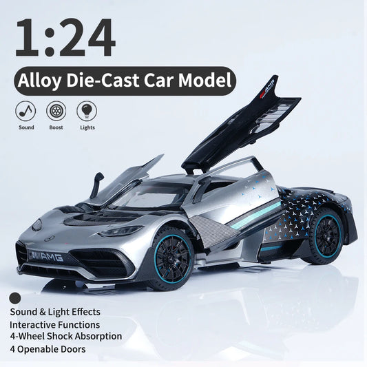 1:24 Gray Alloy Supercar Model with Sound and Light, Pull Back, Three Doors, Lift up Tail, Front Wheel Steering, Four Wheel Shock, Boy Toy