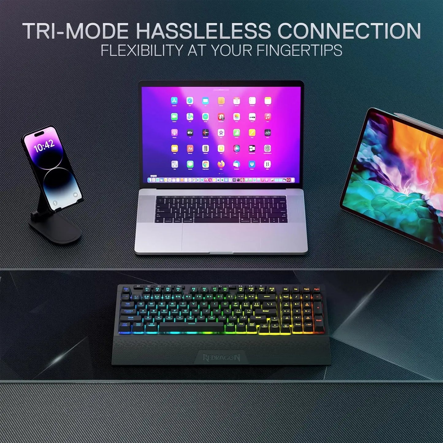 Redragon K515 PRO Shiva RGB Wireless 98 Keys Mechanical Membrane Gaming Keyboard, Smooth Linear Switch, Detachable Wrist Rest