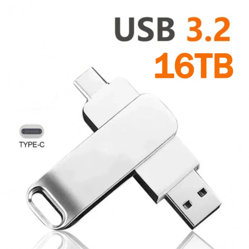 16TB Flash Drive USB 3.2 Super High Speed Transfer Metal Mini U Disk Pen Drive Type C Memory Waterproof Disk SSD U Drive