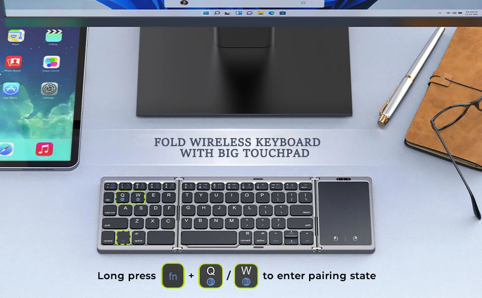 3-Folding Keyboard with Touchpad Dual Bluetooth Keyboard Portable Rechargeable Mini Keyboard for Laptop Windows Android IOS
