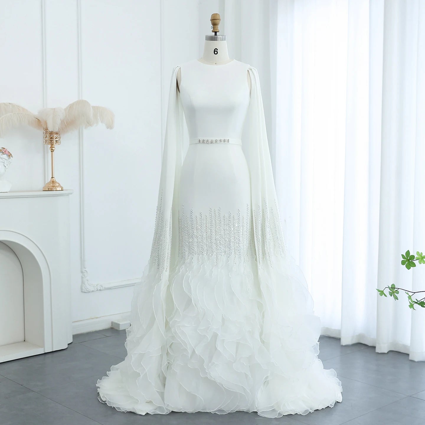 Sharon Said Luxury Dubai Nude Evening Dresses with Cape Sleeves Tiered Ruffles Arabic Women Wedding Party Gowns SS440 Customized
