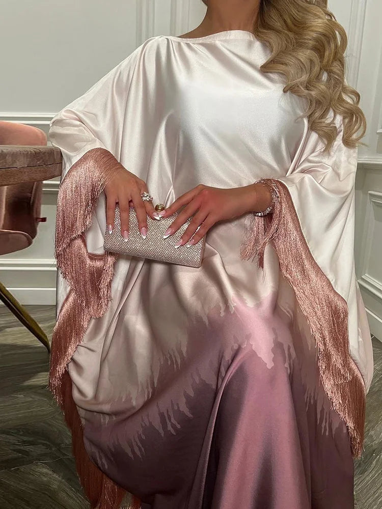 Ramadan Eid Batwing Sleeve Abaya Dubai Luxury 2024 Muslim Maxi Dress Loose Patchwork O Neck Abayas For Women Robe Tassel Vestido