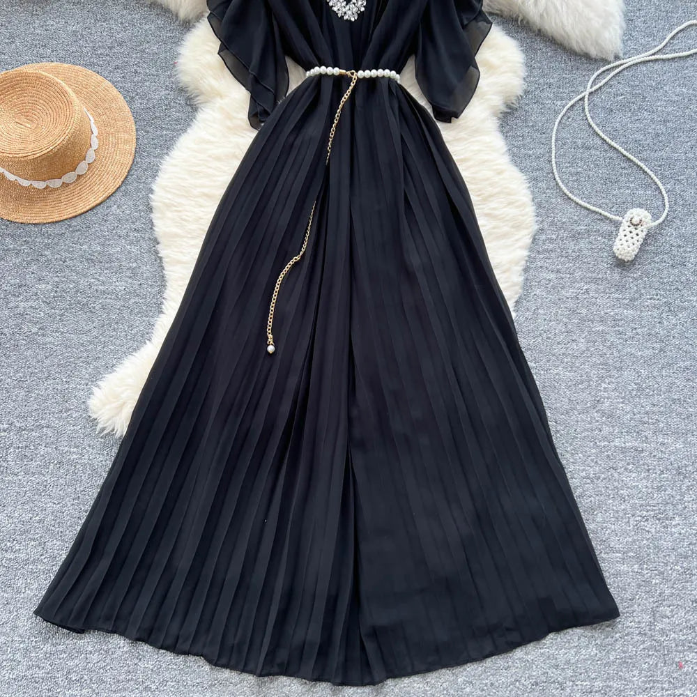 Women Dress Long Dresses Gown Party Night A Line Vestidos Round Neck Ruffles Sleeve Elegant Splice Y2k Streetwear Slim Fit