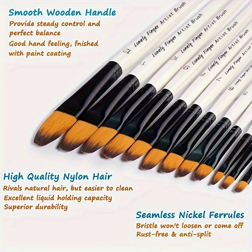 12 Pcs/set Nylon Hair Wooden Handle Watercolor Paint Brush Pen Set Learning DIY Oil Acrylic Painting Art Paint Brushes Supplies