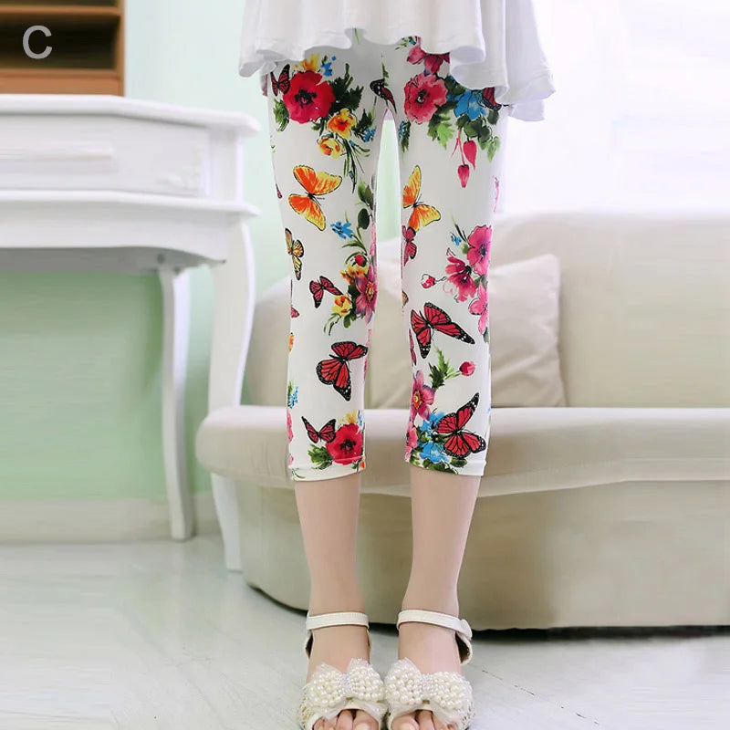 3-10years Girls Cropped Trousers Floral Print Flower Kids Calf Length Skinny Pants Stretch Leggings Children All-matches Bottoms