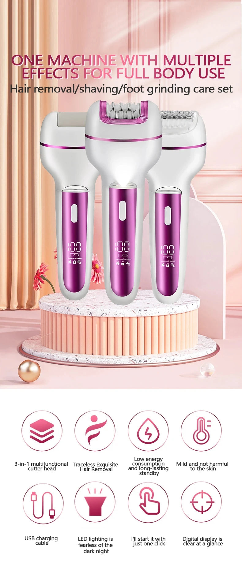 3in1 Rechargeable Women Epilator For Face Body Electric Shaver Female Hair Removal Bikini Trimmer Leg Lady Shaver Callus Remover