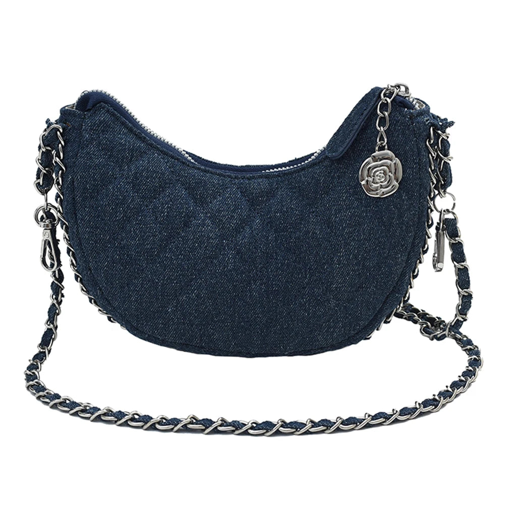 2023 New Denim Fabrics Chain Crossbody Bags Fashion Diffusion Stitching Small Crescent Bags Women's Luxury Underarm Tote Handbag