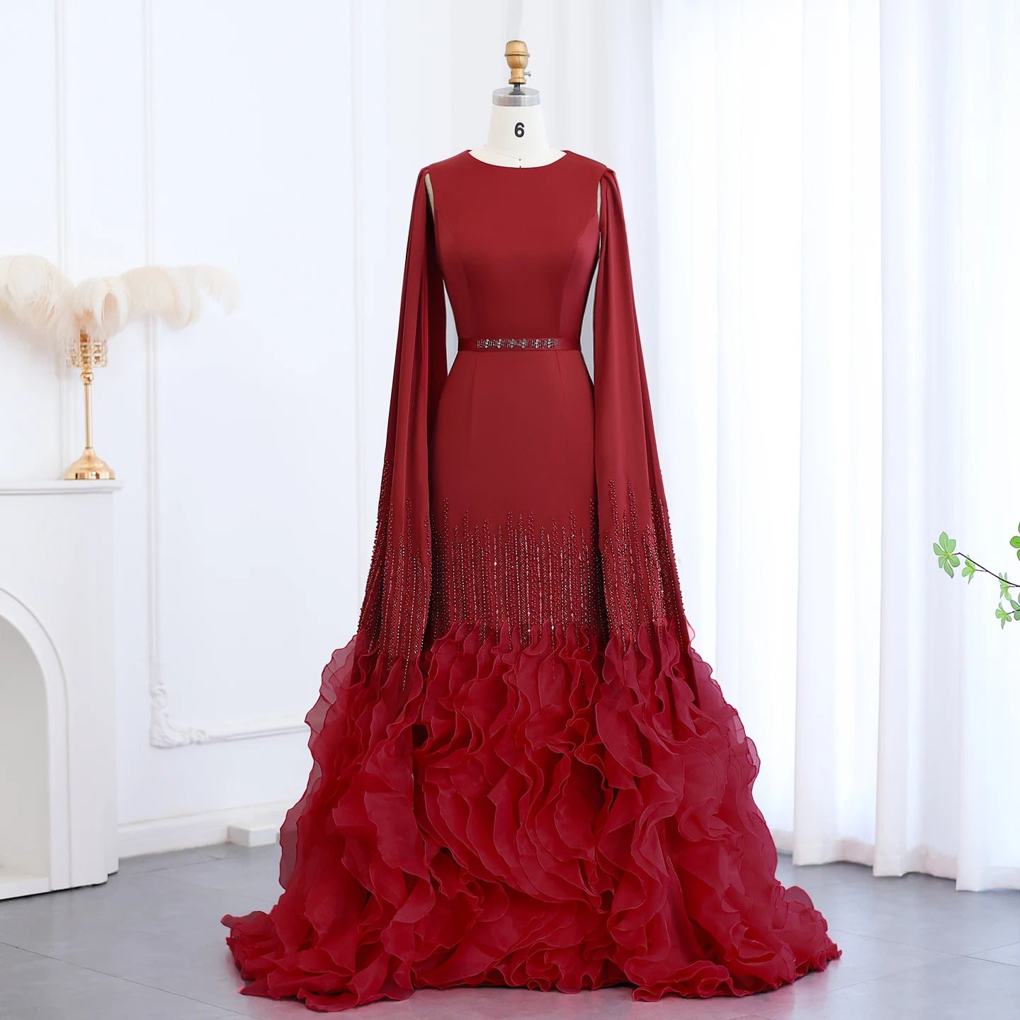 Sharon Said Luxury Dubai Nude Evening Dresses with Cape Sleeves Tiered Ruffles Arabic Women Wedding Party Gowns SS440 Customized