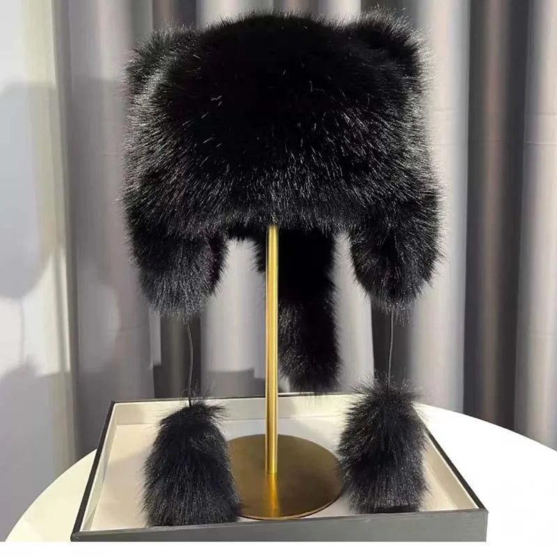 Women Winter Warm Kawaiyi Fox Fur Imitation Mink Plush Hat Thickened Cute Bear Ear plush Lei Feng hat Ear Protection Cosplay Cap