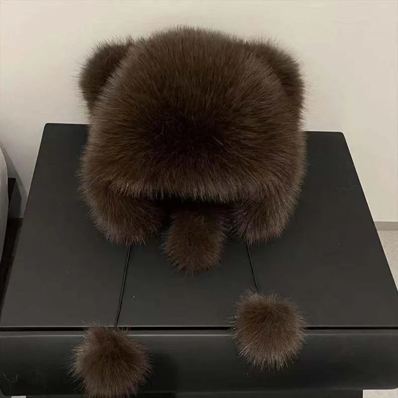 Women Winter Warm Kawaiyi Fox Fur Imitation Mink Plush Hat Thickened Cute Bear Ear plush Lei Feng hat Ear Protection Cosplay Cap