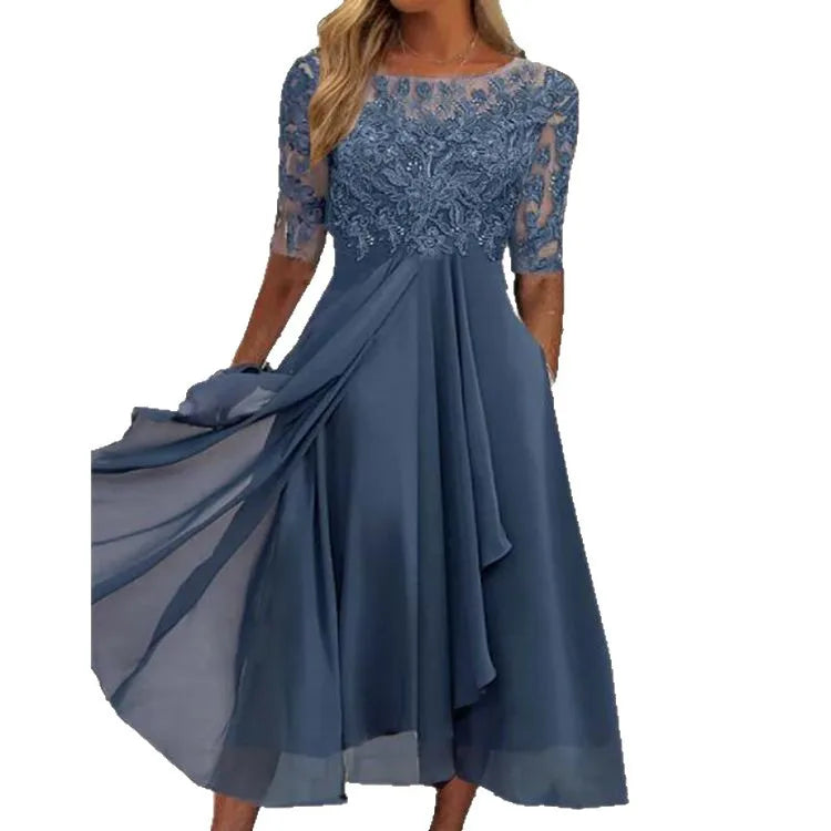 Womens Dresses Romantic Simple Dress With Chiffon Patchwork Lace Hollow Out Long Dress Bridesmaid Evening Dress Women's Wear