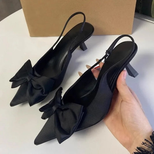 Elegant High Heels Women's Shoes 2024 Summer Black Shallow Mouth Pointed Toe Bow Slingbacks Luxury Party Office Lady Sandals - Belvar