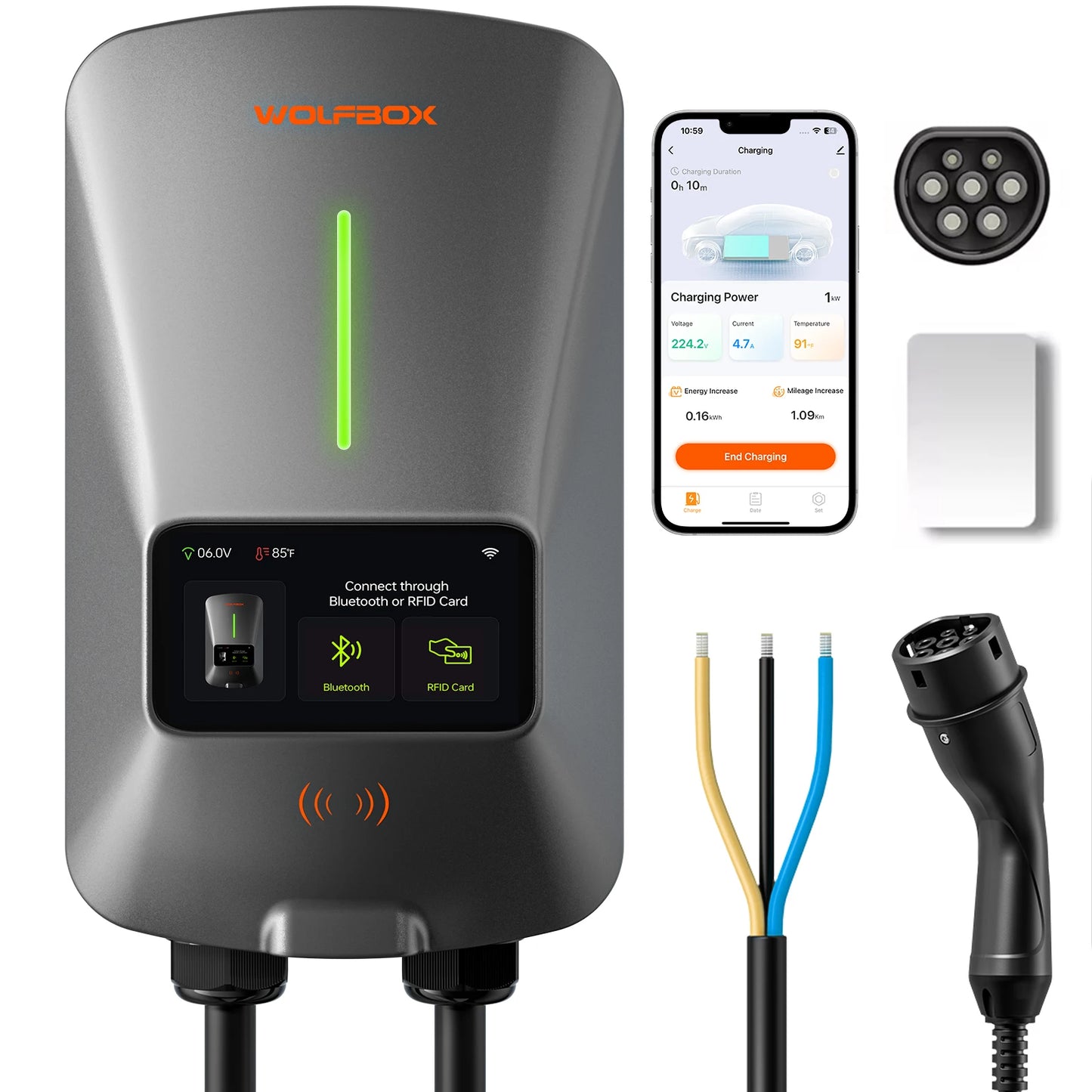WOLFBOX EV Charging Station Type 2 7KW 32A 1 Phase Electric Vehicle Car Charger Wallbox with LCD Screen APP Control RFID Card