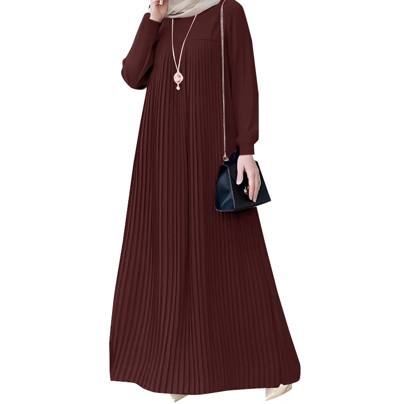 2025 ZANZEA Muslim Abaya Hijab Dress Women Elegant Long Sleeve Pleated Sundress Fashion Casual IsIamic Clothing Dubai Maxi Robe