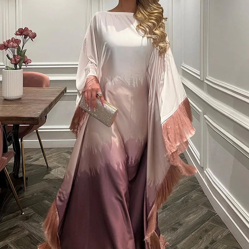 Ramadan Eid Batwing Sleeve Abaya Dubai Luxury 2024 Muslim Maxi Dress Loose Patchwork O Neck Abayas For Women Robe Tassel Vestido