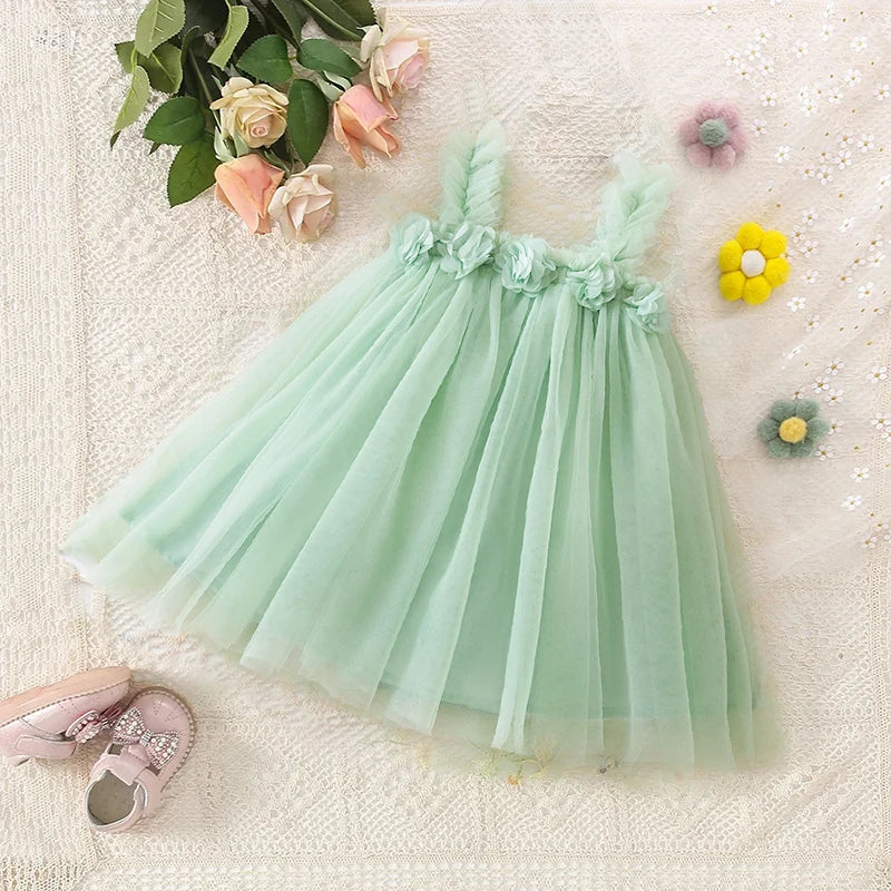 Toddler Girls Princess Dress Children Rainbow Sleeveless Tulle Dress Summer New Baby Birthday Party Vestido Sweet Casual Clothes