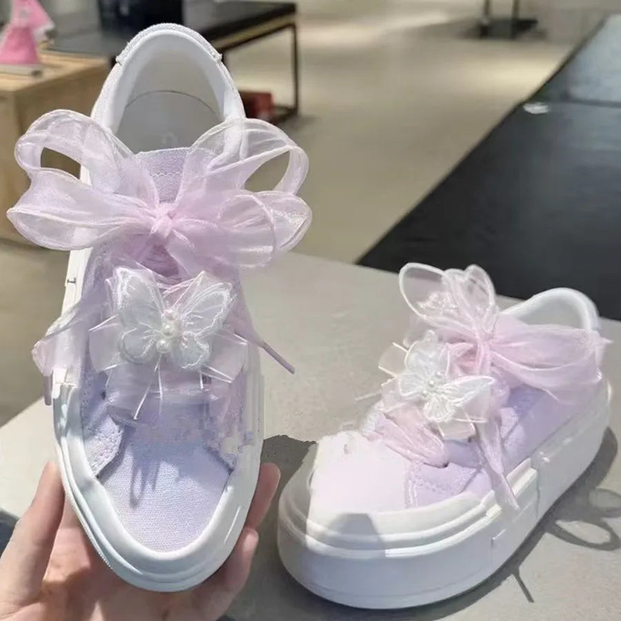 4cm Wide Festoon Fishtail Organza Shoelaces Wave Chiffen Yarn Bow Laces Beauty White Casual Sneaker DE Training Shoes Laces