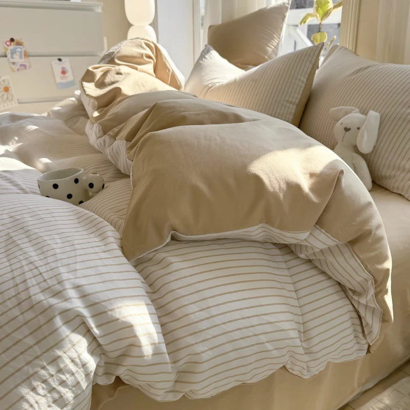 Washed Cotton Duvet Cover Set Quilt Set Ins Nordic Minimalist Style Grey Strip Bed Set Home Textile Bedding Set Bed Sheets 2025