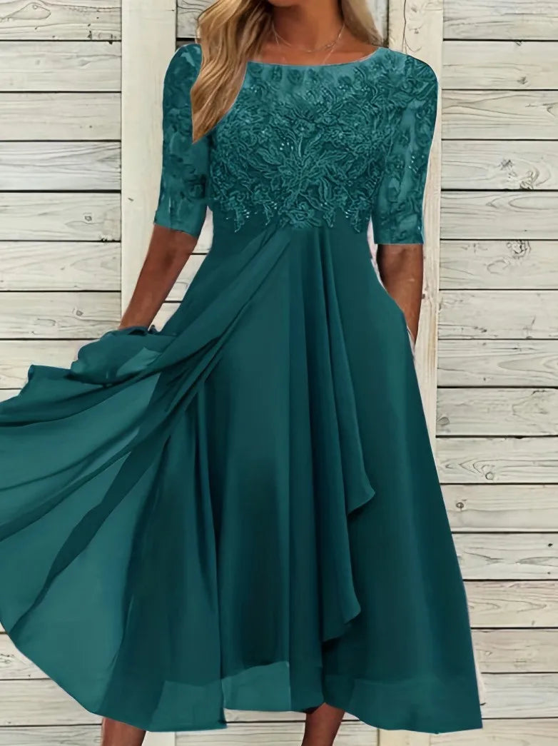Womens Dresses Romantic Simple Dress With Chiffon Patchwork Lace Hollow Out Long Dress Bridesmaid Evening Dress Women's Wear