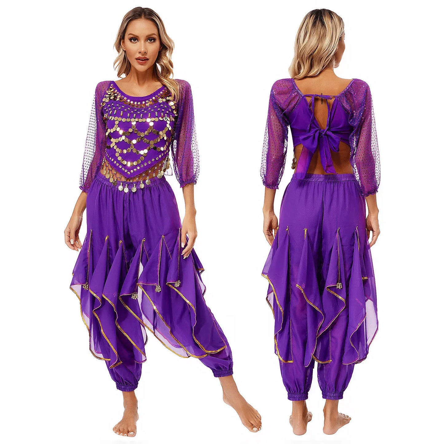 Womens Indian Belly Dance Performance Costume Sequined Long Sleeve Chiffon Tops Self-tie Back Irregular Hem Crop Top with Pants